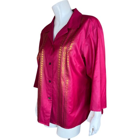 Liz Claiborne Woman XL Pink Button-Up Gold Metallic Details 3/4 Sleeve Blouse - Picture 2 of 11